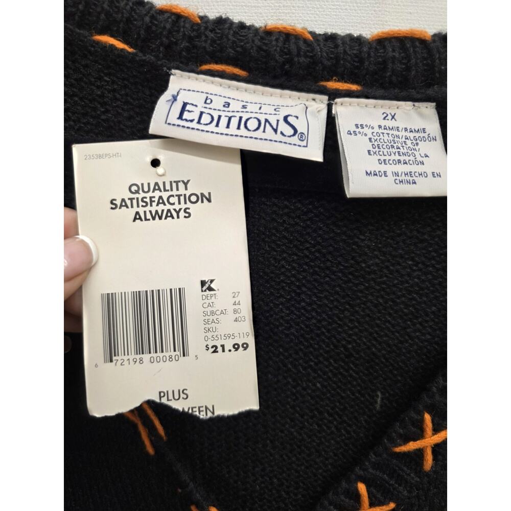 Vintage 90s Basic Editions 2X Halloween Black Sweater Vest Fall Pumpkins - Picture 5 of 9